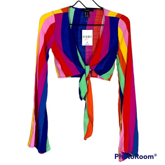Forever 21 Tops - NWT Forever 21 Multicolor Striped Crop Top with Bell Sleeves Tie Front